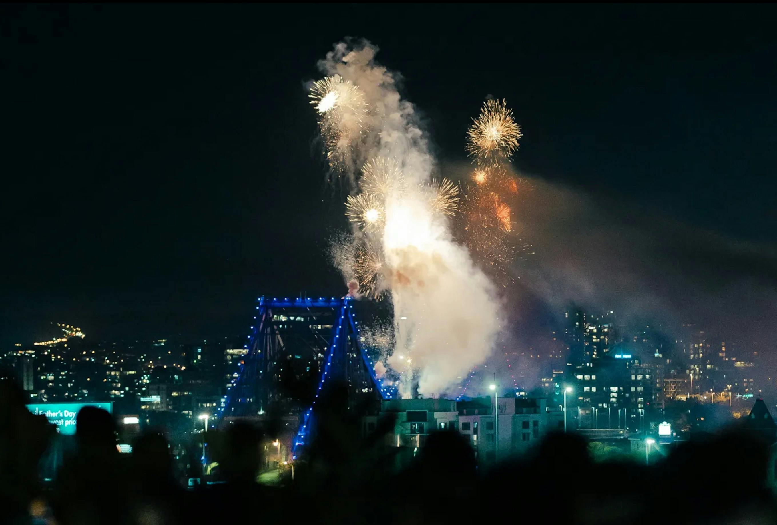 The riverfire fireworks over the Brisbane city skyline from Soko Rooftop