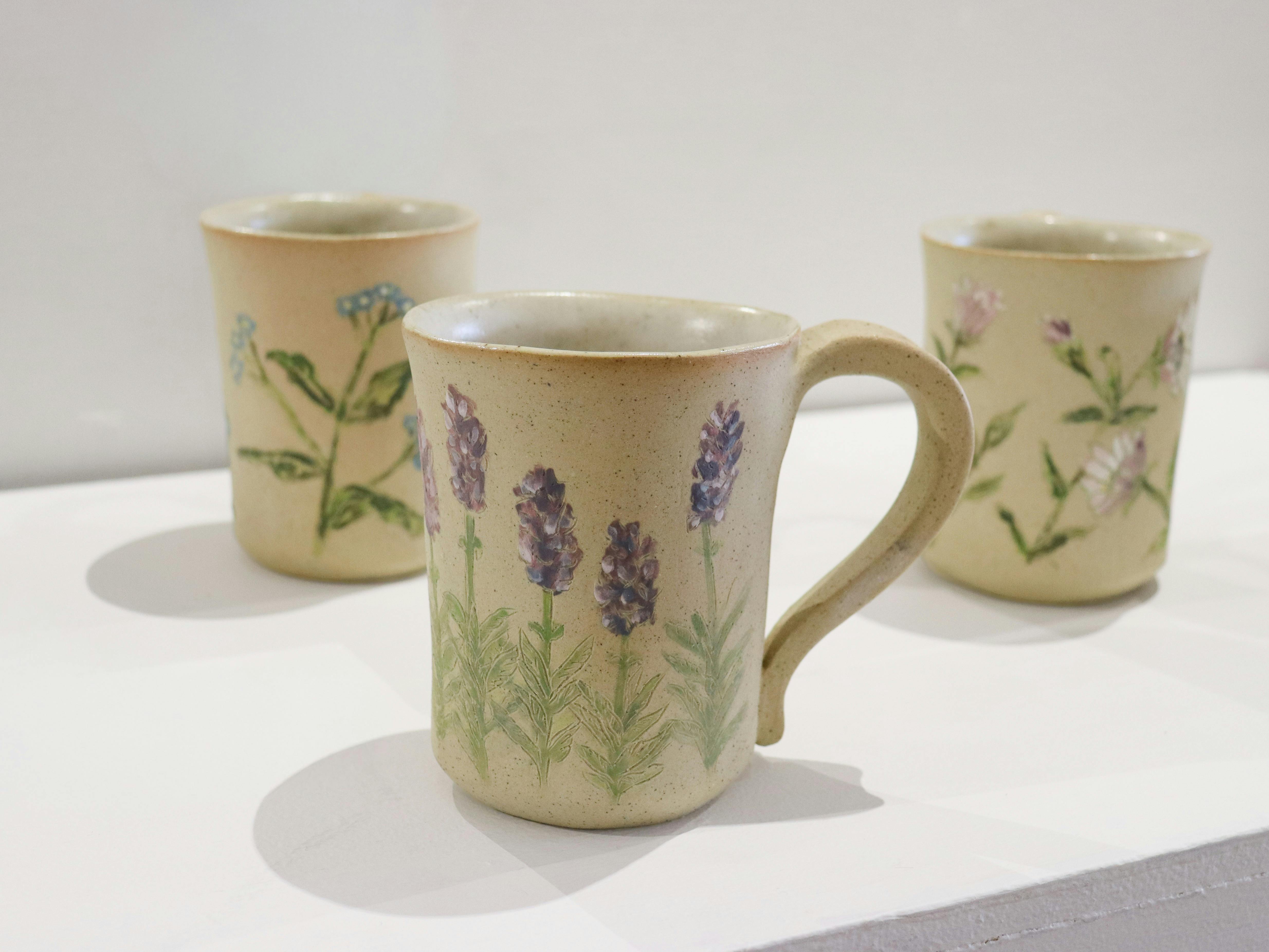 Wheel thrown Ceramics Mugs with Floral Detailing