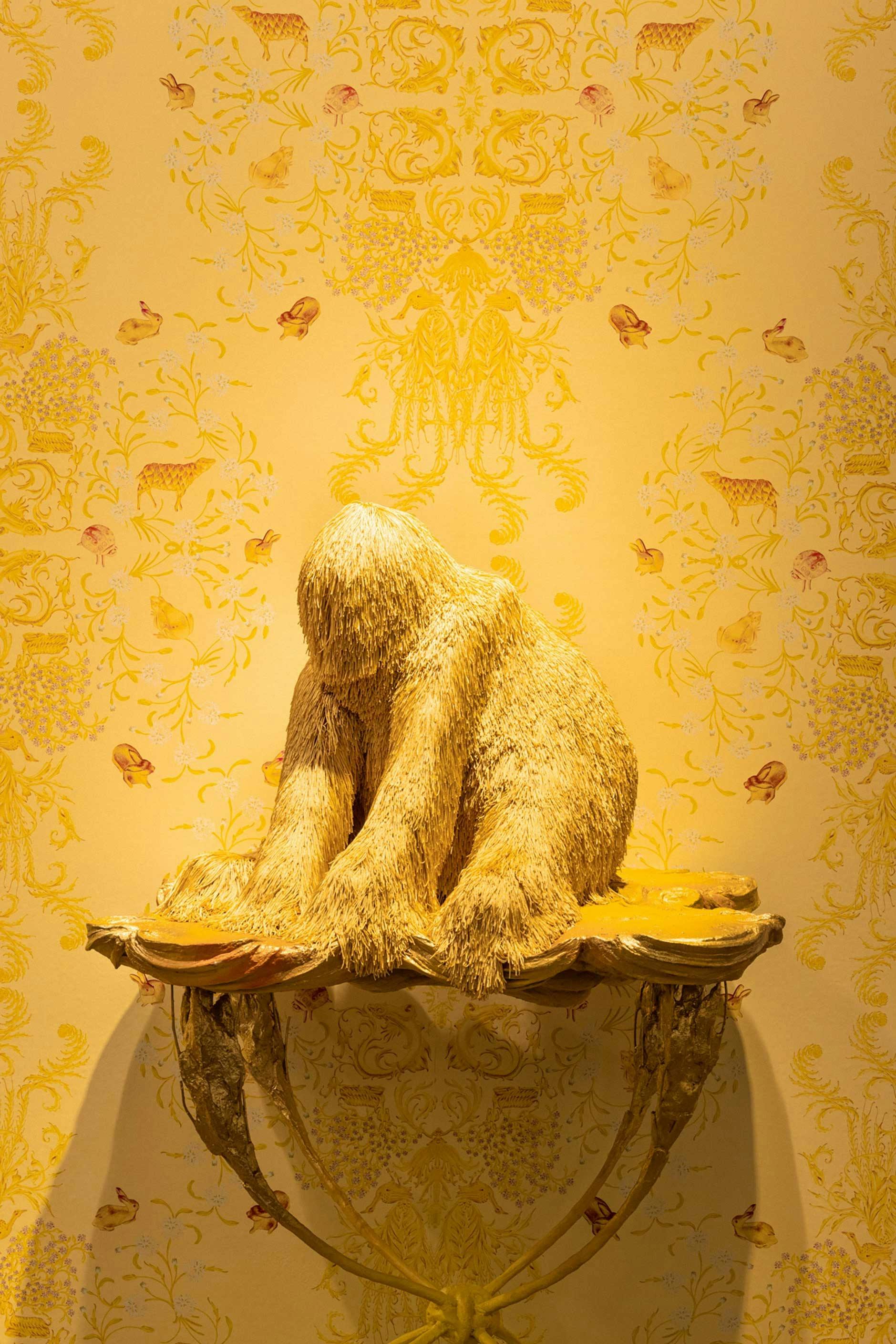 Troy Emery, Nugget, 2022, on Kate Rohde, Golden grains table #2, 2022 with Kate Rohde, wallpaper