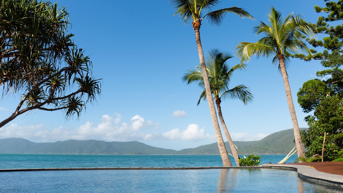 Infinity pool at Elysian Retreat with ocean views, palm trees, and mountains in the background.