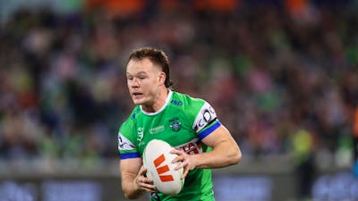 Canberra Raiders player Ethan Strange running the ball.