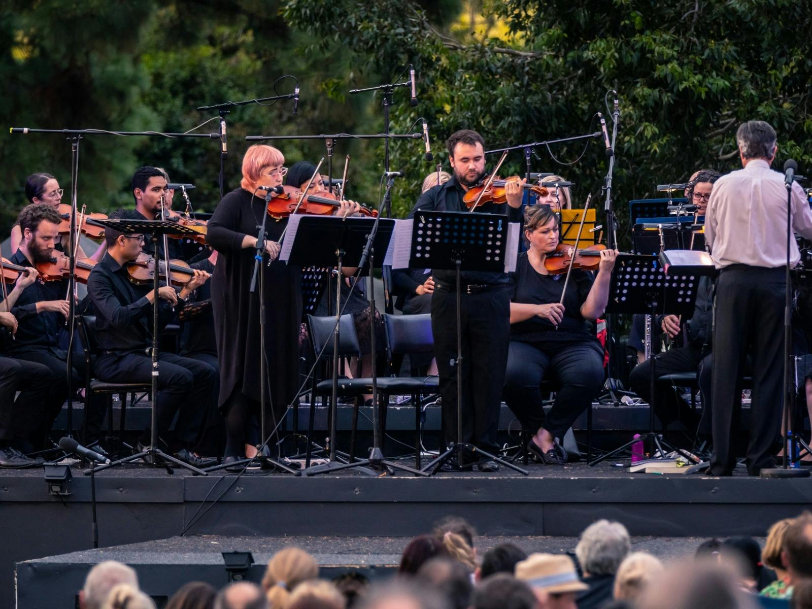 Orchestra led by two violinists performing outdoors at the Royal Botanic Gardens, amid greenery.