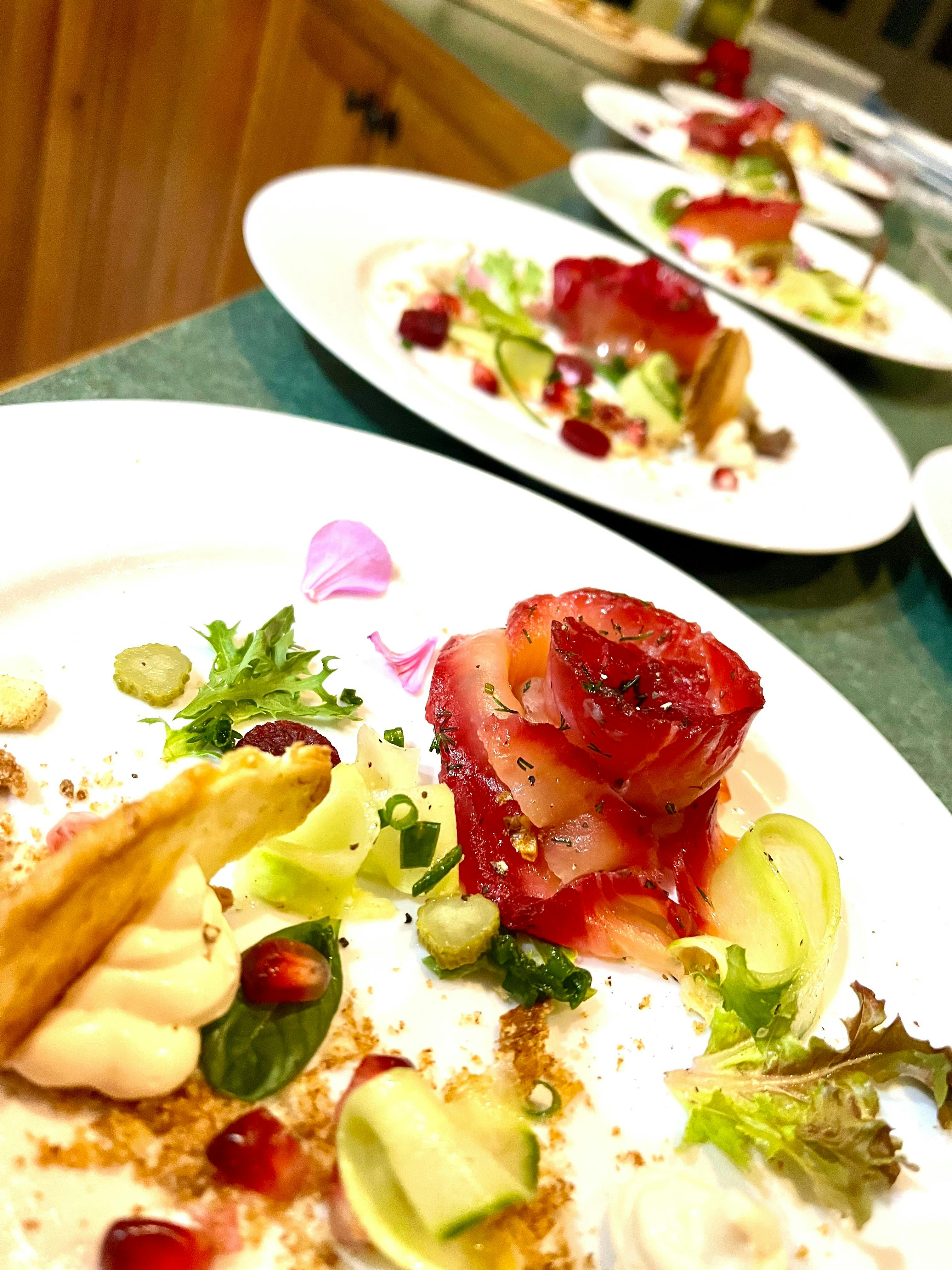 horseradish cream, cucumber and croutons