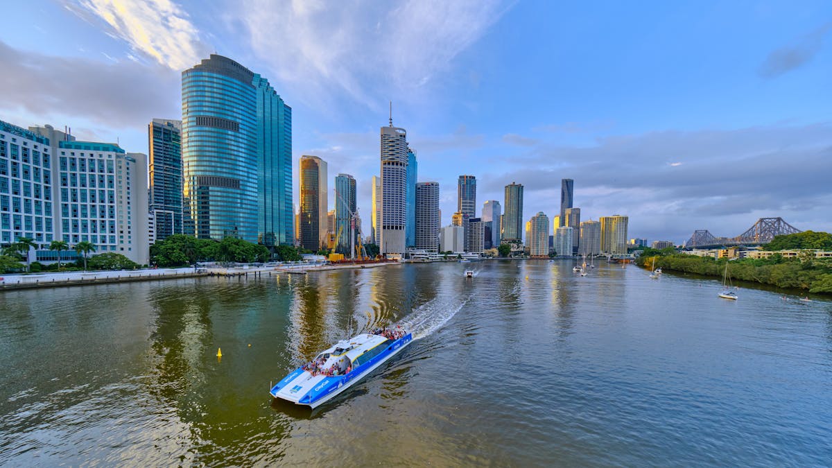 City Cat ferry in foreground on the Brisbane River