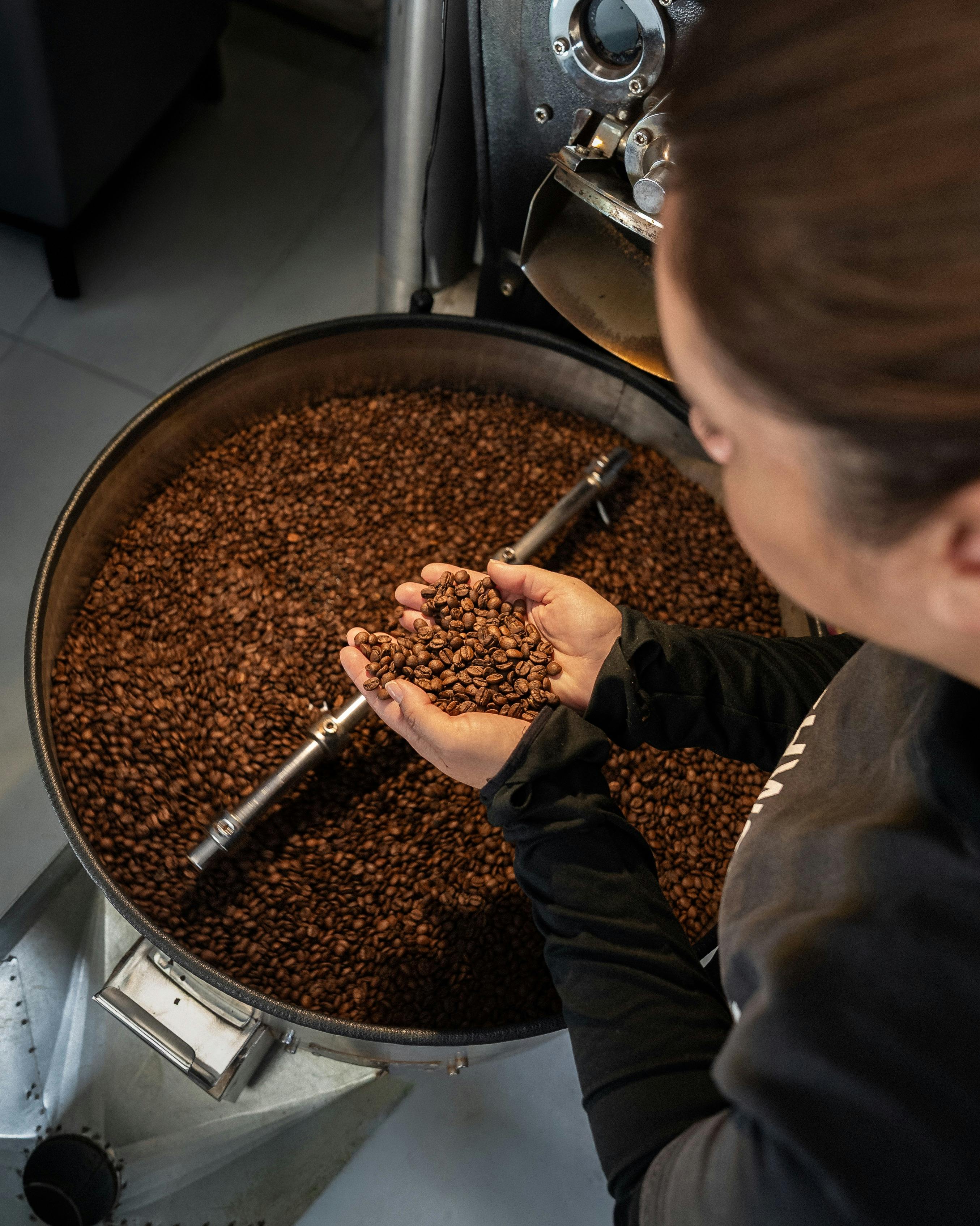 Karla holds a fresh batch of coffee beans