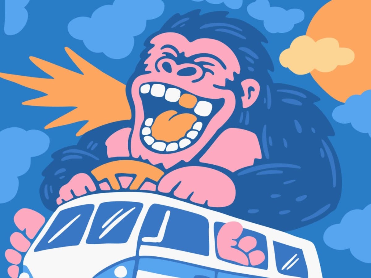 Cartoon image of large gorilla driving a VW van