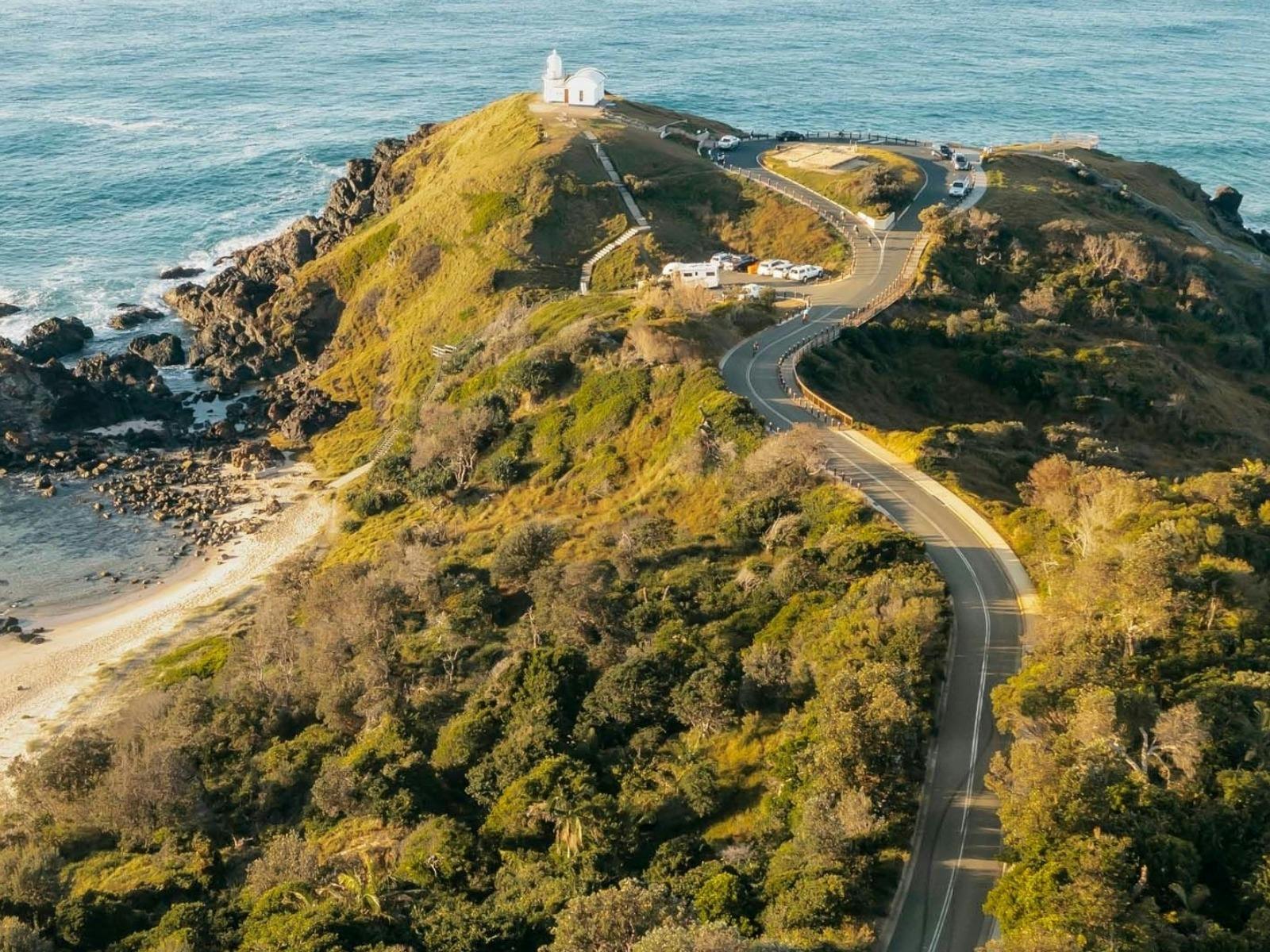 Aerial view of a scenic coastal lookout overlooking the sea