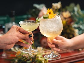 Hands holding and cheersing with Anther Gin Cocktails