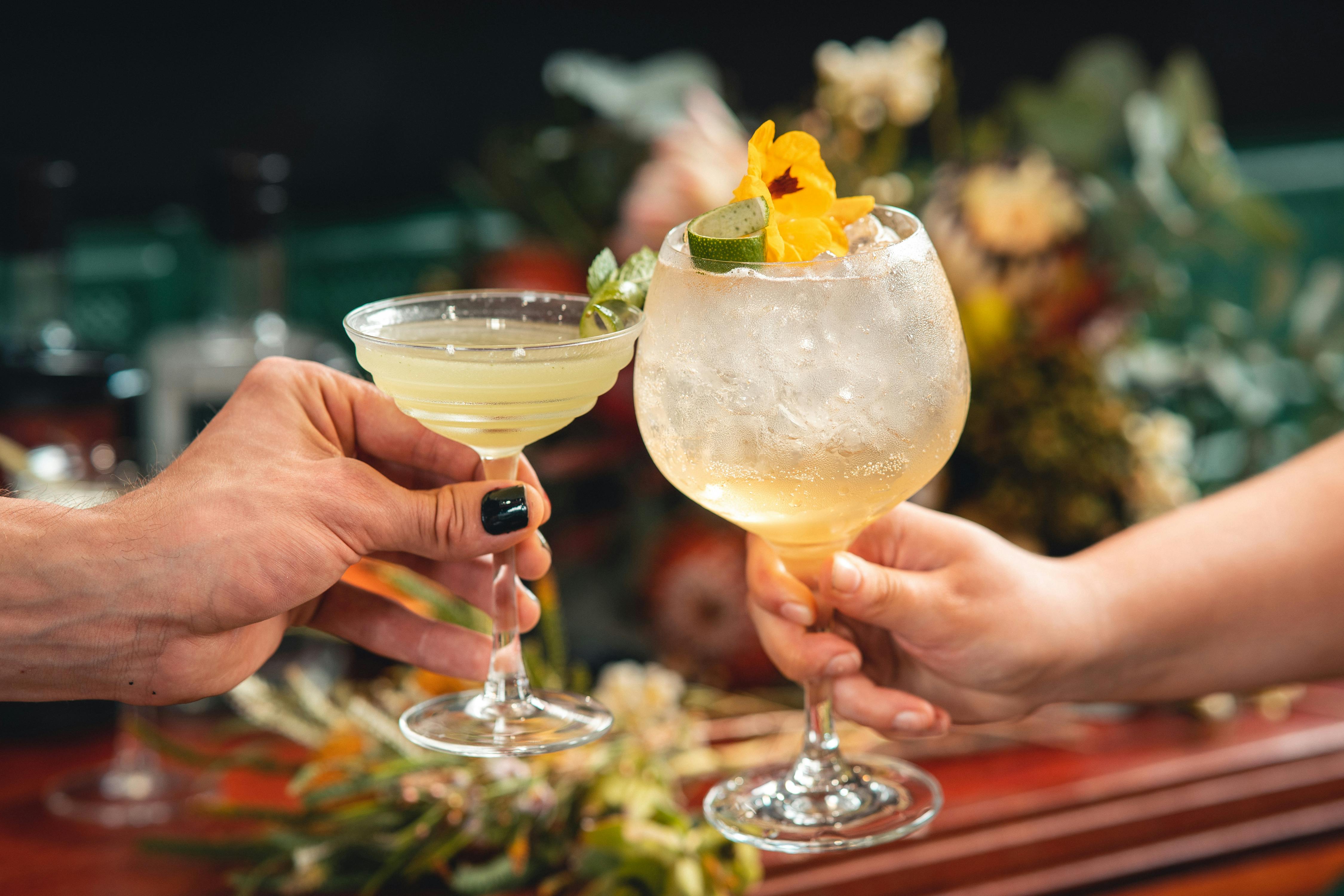 Hands holding and cheersing with Anther Gin Cocktails