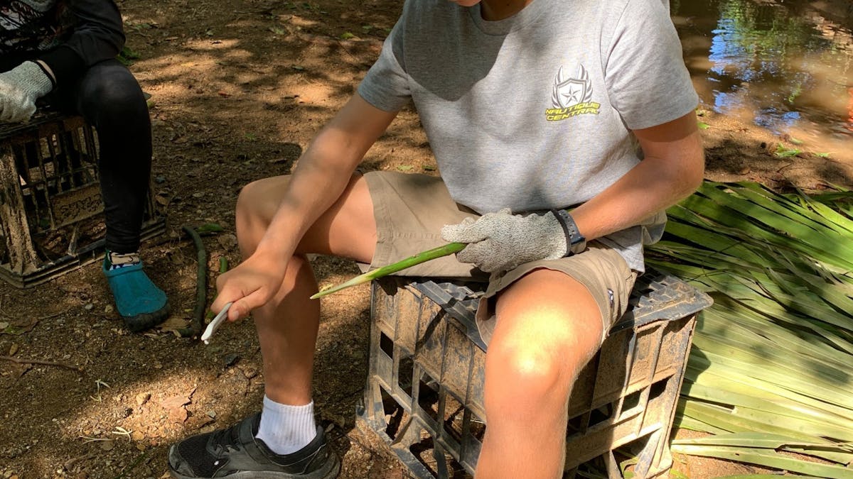 Child using tools for bushcraft at Birdwings Forest School Kids Holiday Nature Adventures Gold Coast
