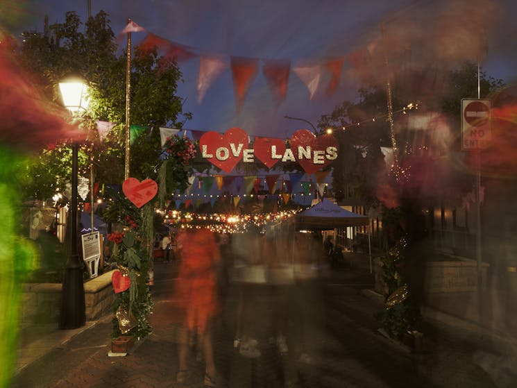 Time lapse photo, blurry foreground, love hearts with the words Love Lanes visible in background.
