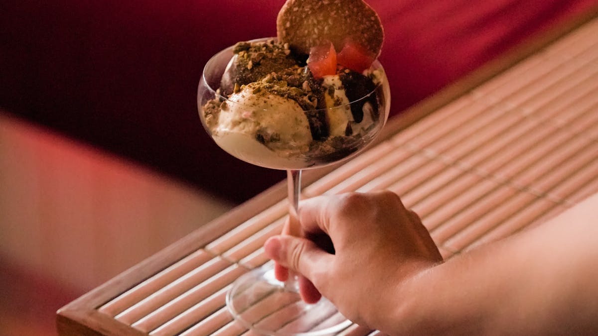 Tahini sundae, baked white choc, sesame crisp