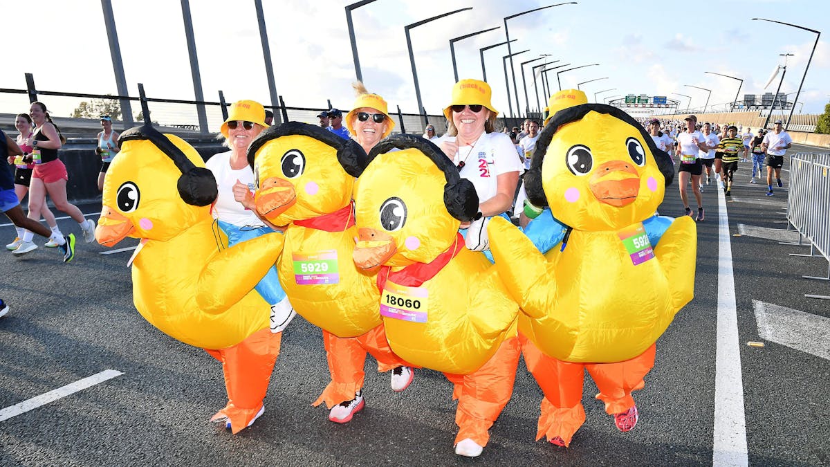 4 people dressed in inflatable duck costumes walking the Bridge to Brisbane race.