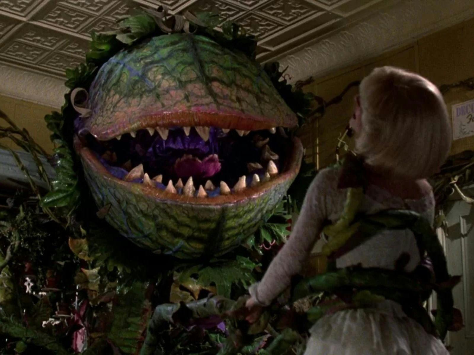 A giant venus flytrap plant with its mouth open holding a woman with blonde hair