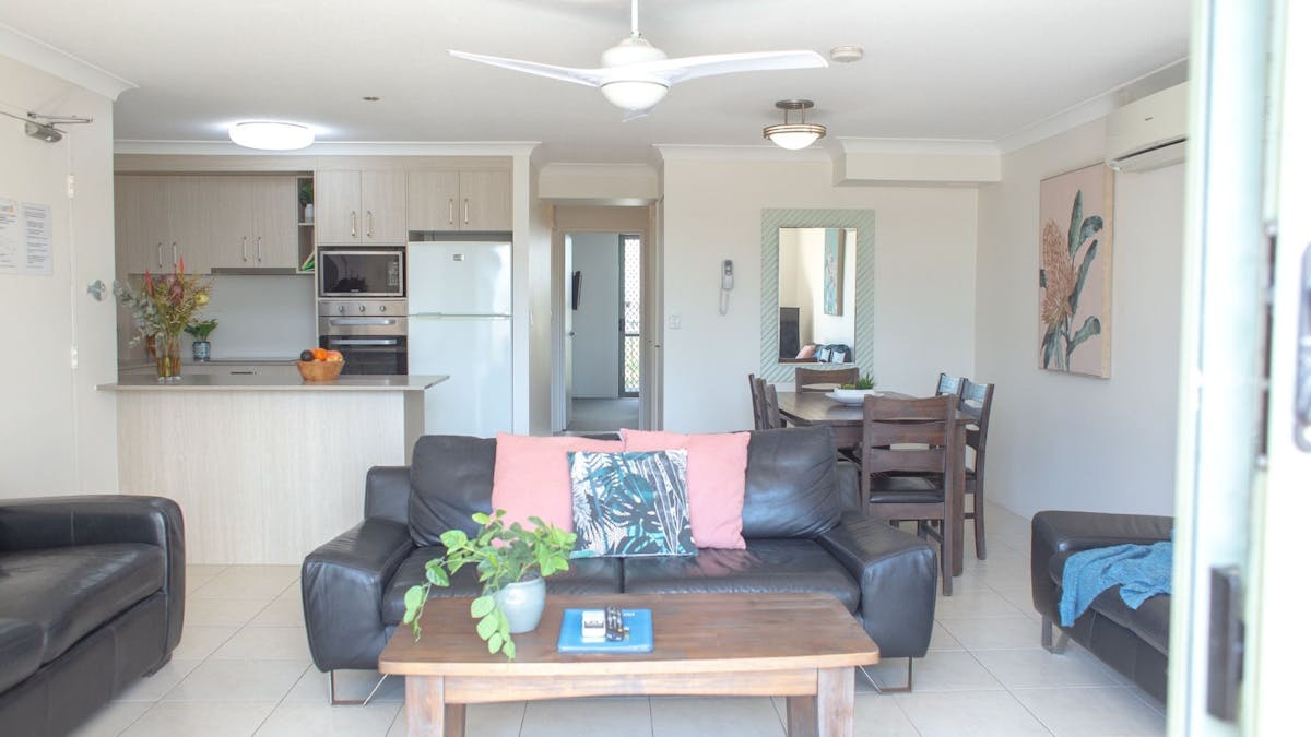 Kitchen, dining, living area