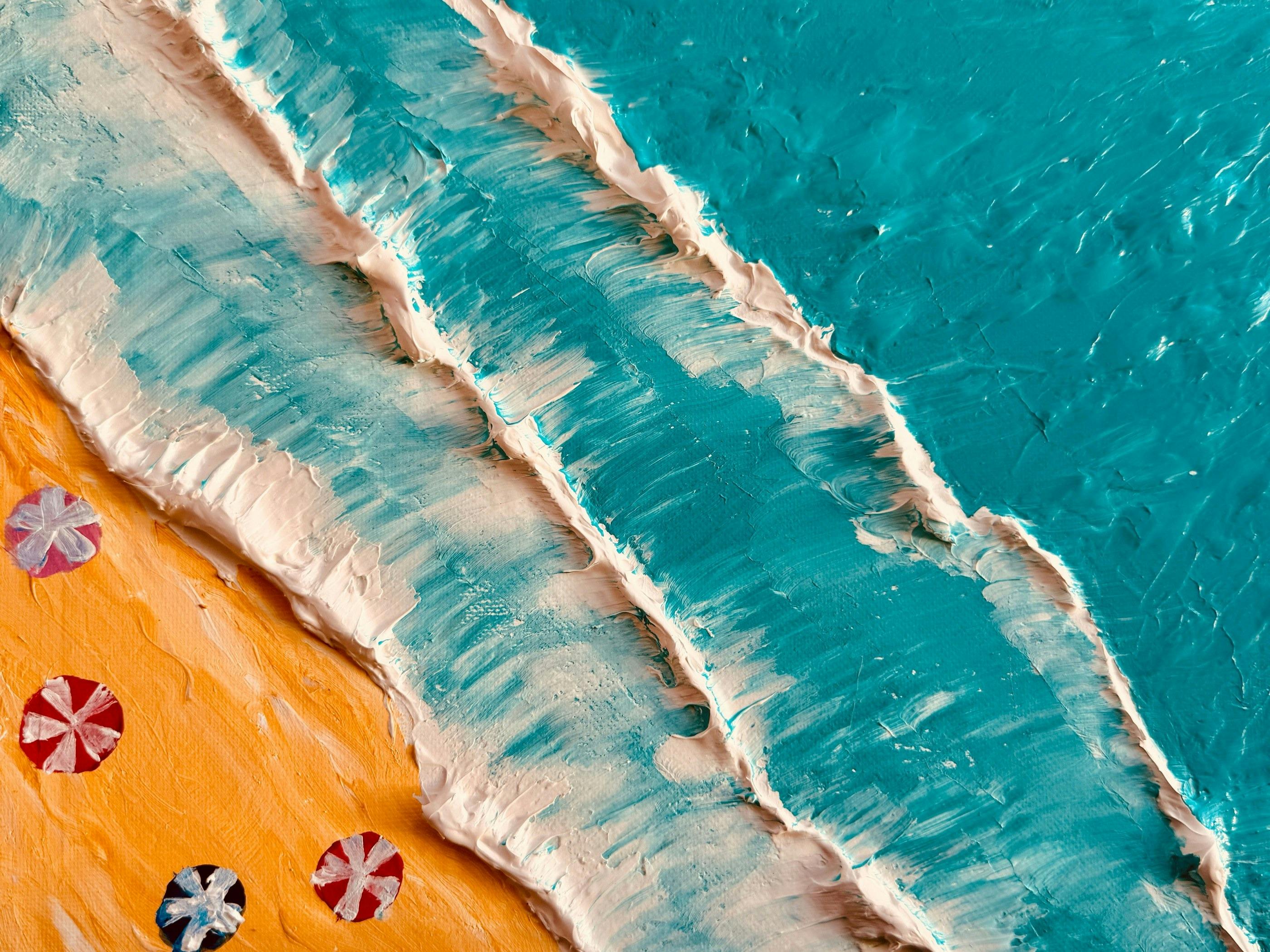 Textured artwork of turquoise water, whitewater ridges and a sandy beach with umbrellas