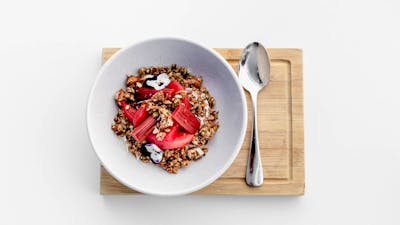 Homemade Granola with Poached Pears and Rhubarb