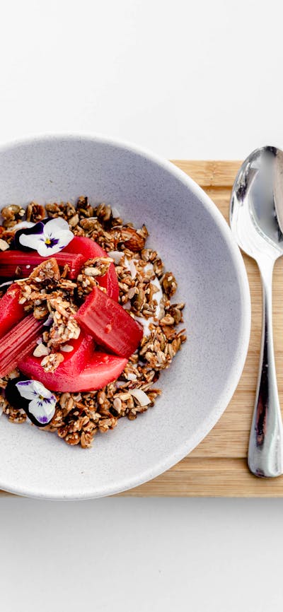 Homemade Granola with Poached Pears and Rhubarb