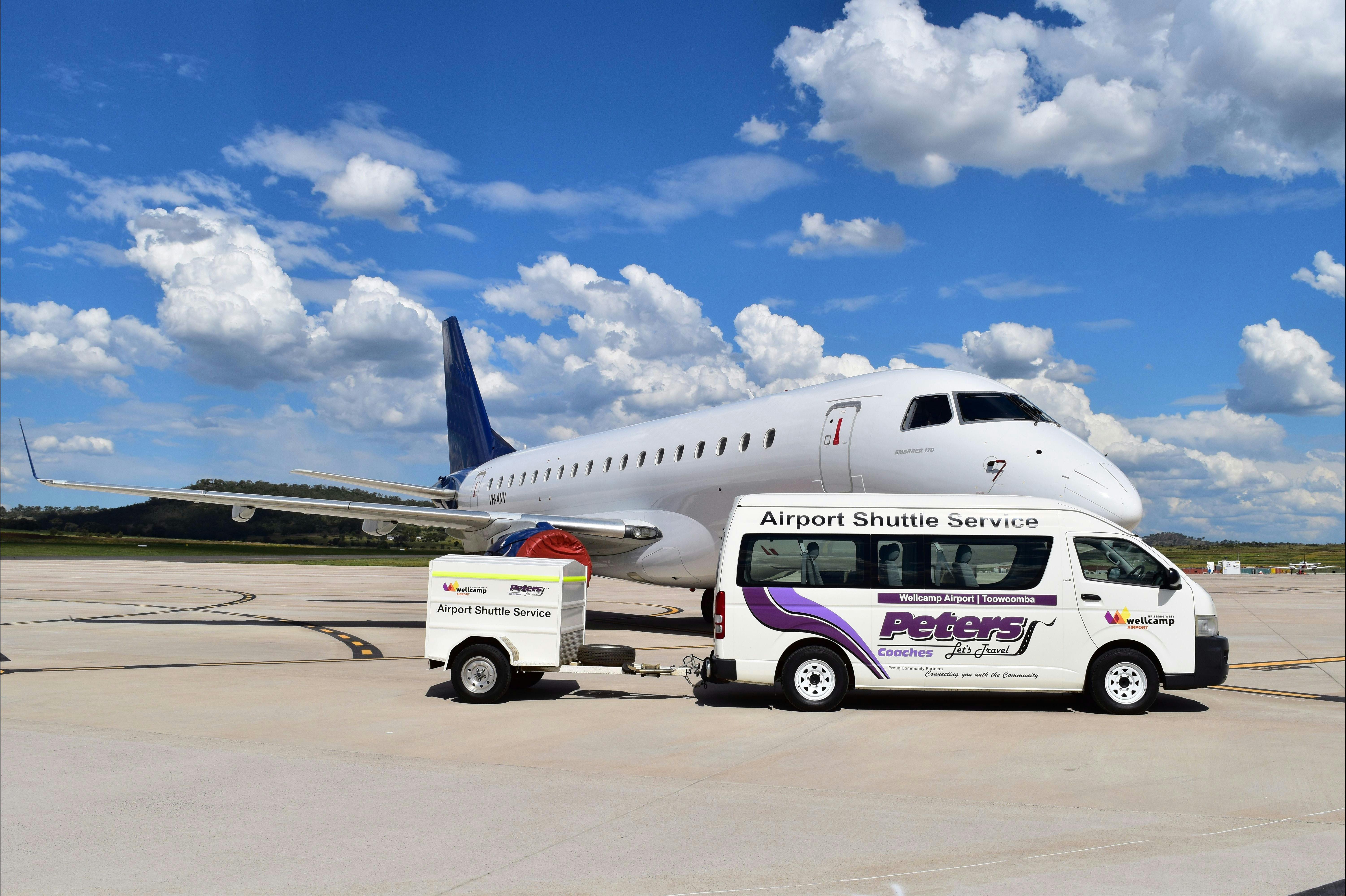 peters coaches wellcamp airport shuttle service transport brisbane toowoomba airport flyer