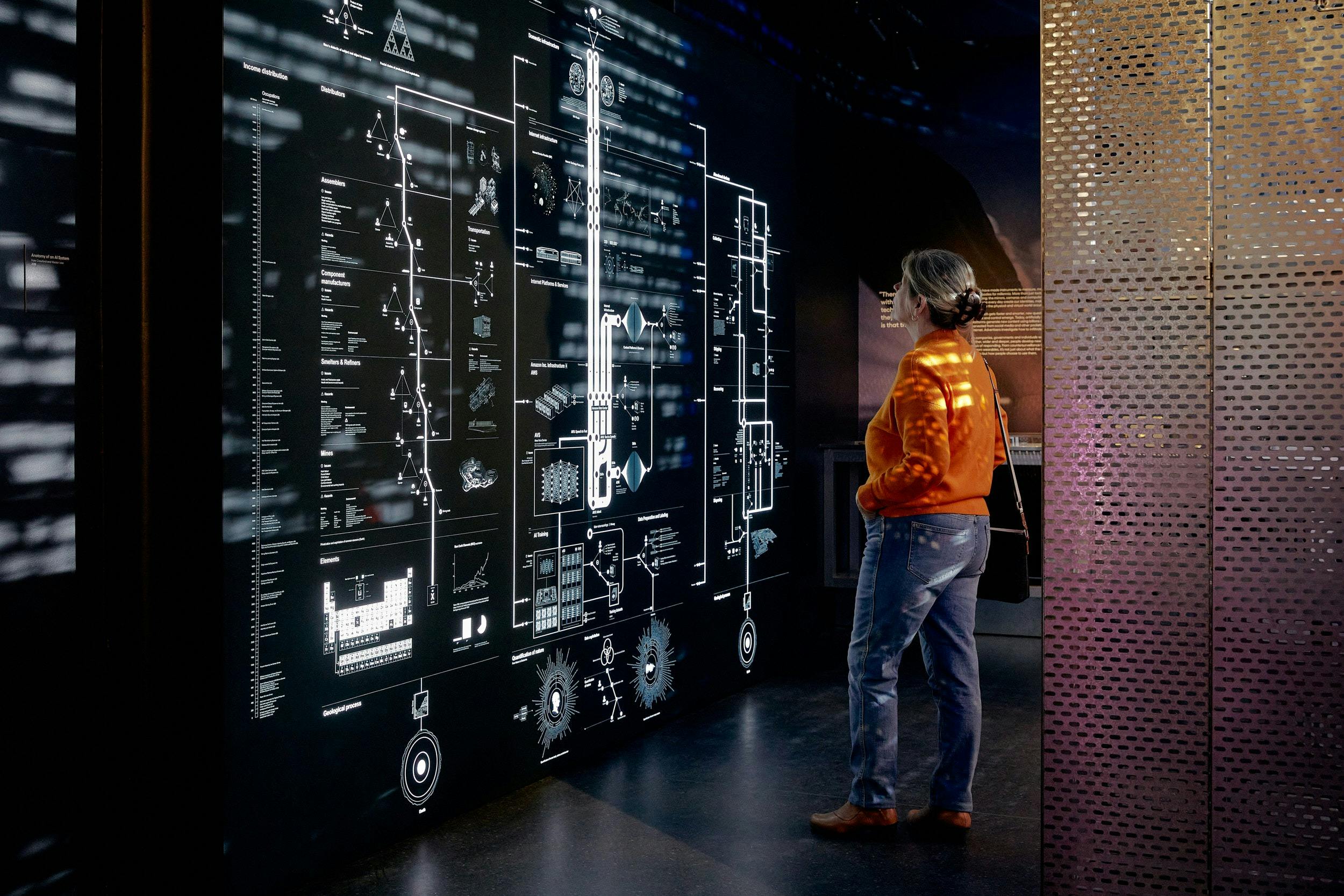 A woman looks at Kate Crawford's "Anatomy of an AI System".