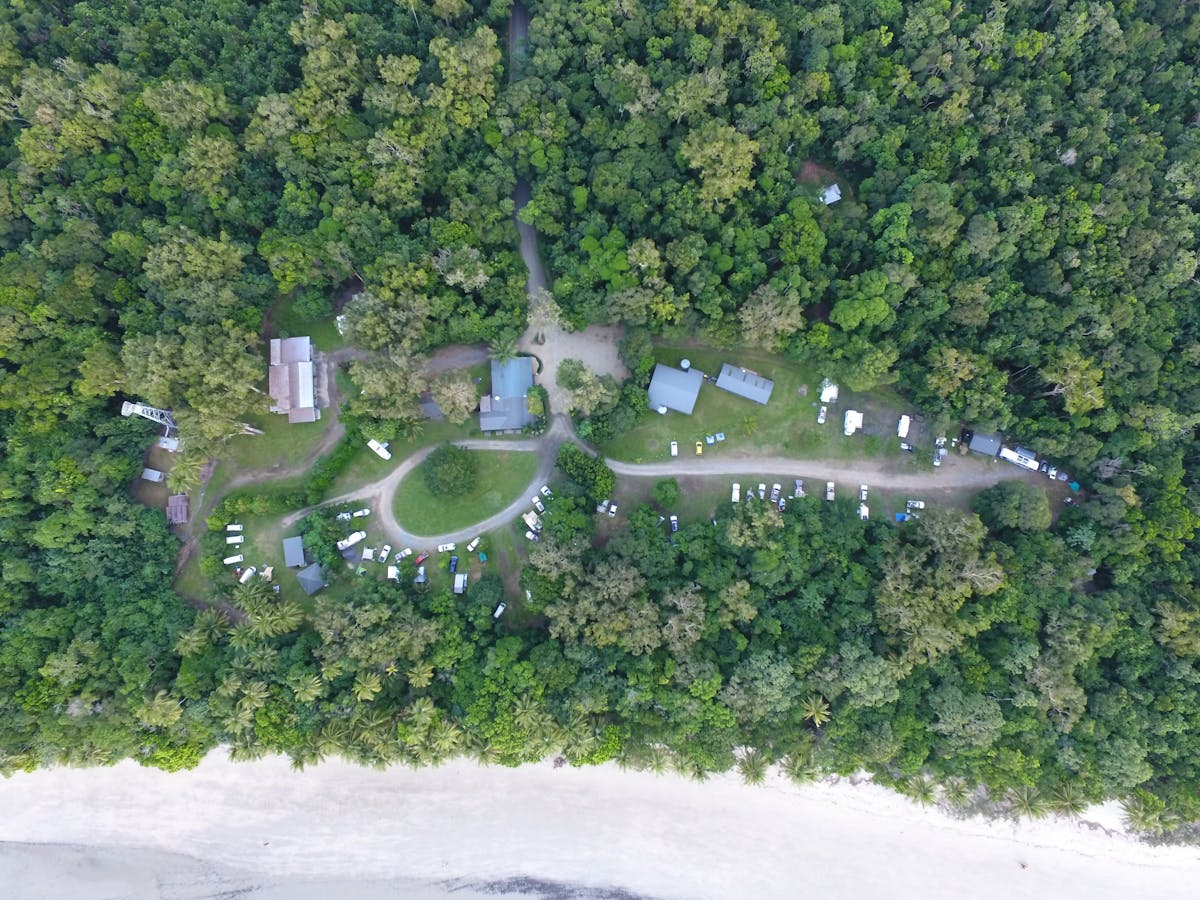 Aerial view of Cape Tribulation Camping, Cape Tribulation, Tropical North Qld