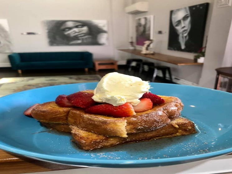 Image of French Toast on a blue plate