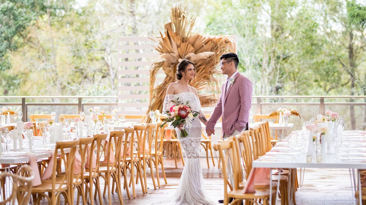 Bride and groom on the Deck at their wedding reception