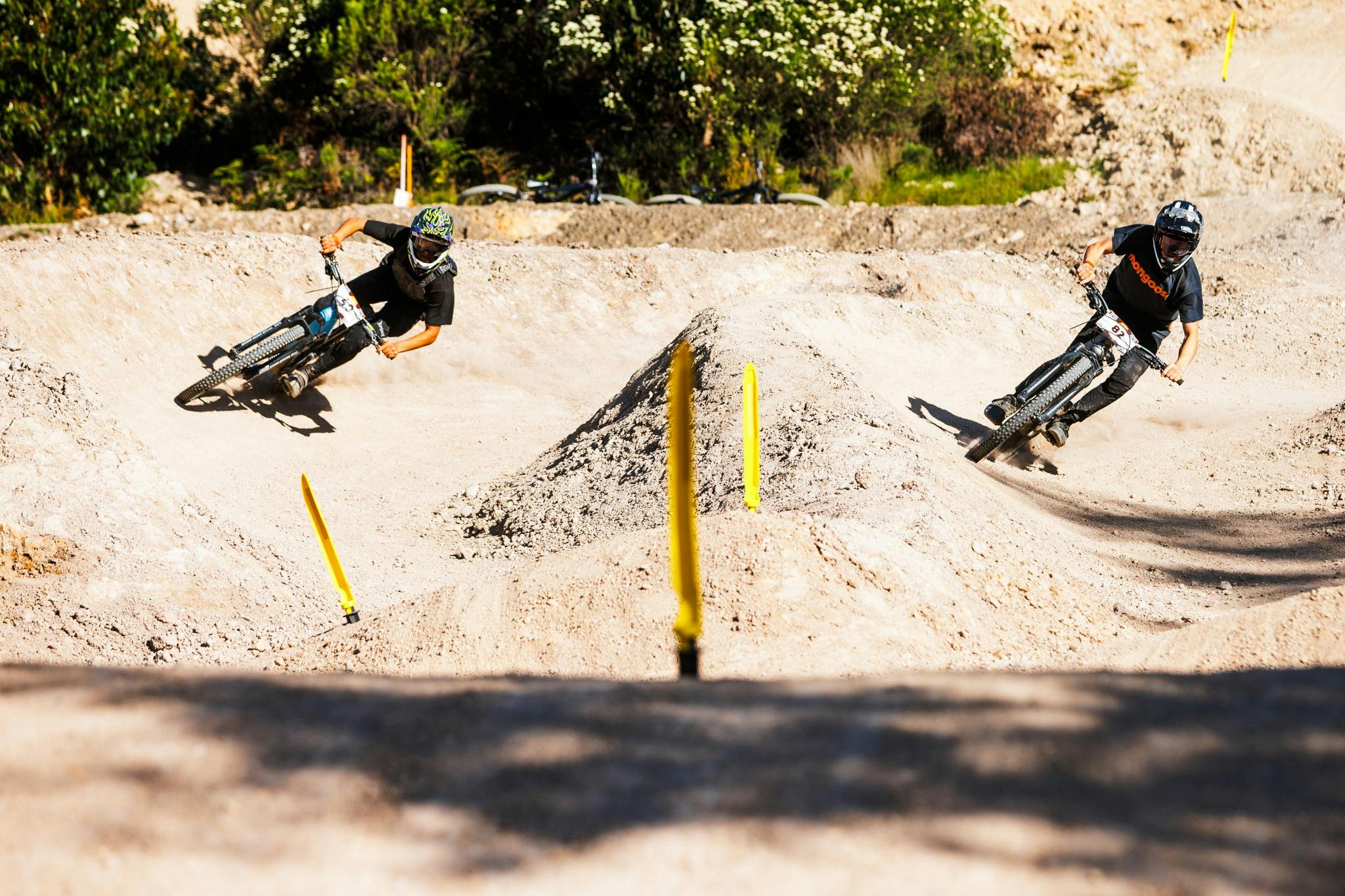 Two riders racing slalom at maydena bike park