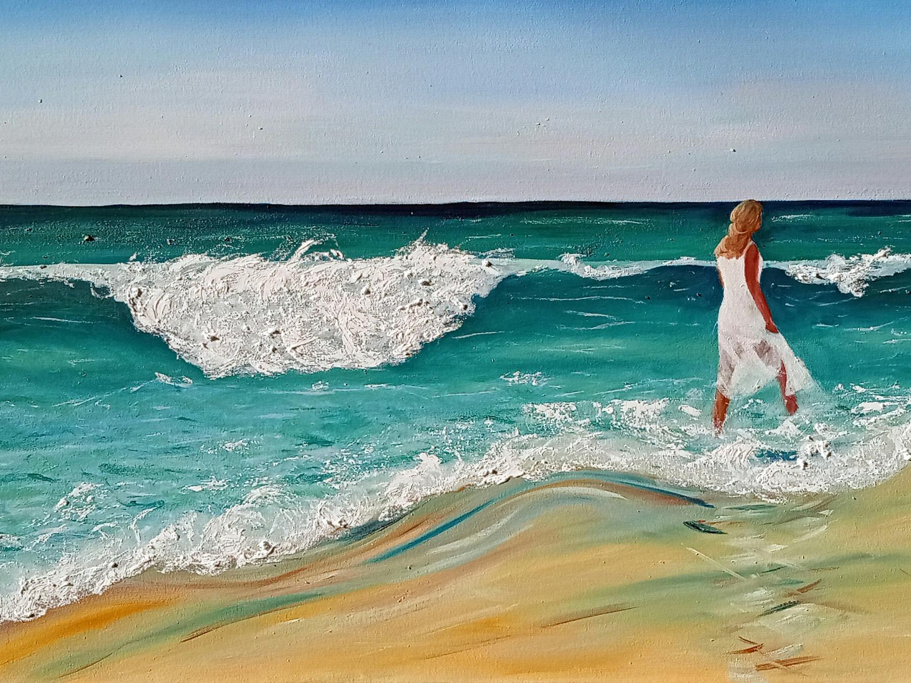 Empowered Future: Original Oil Painting by Caroline Packer Pax Lady walking on the beach.