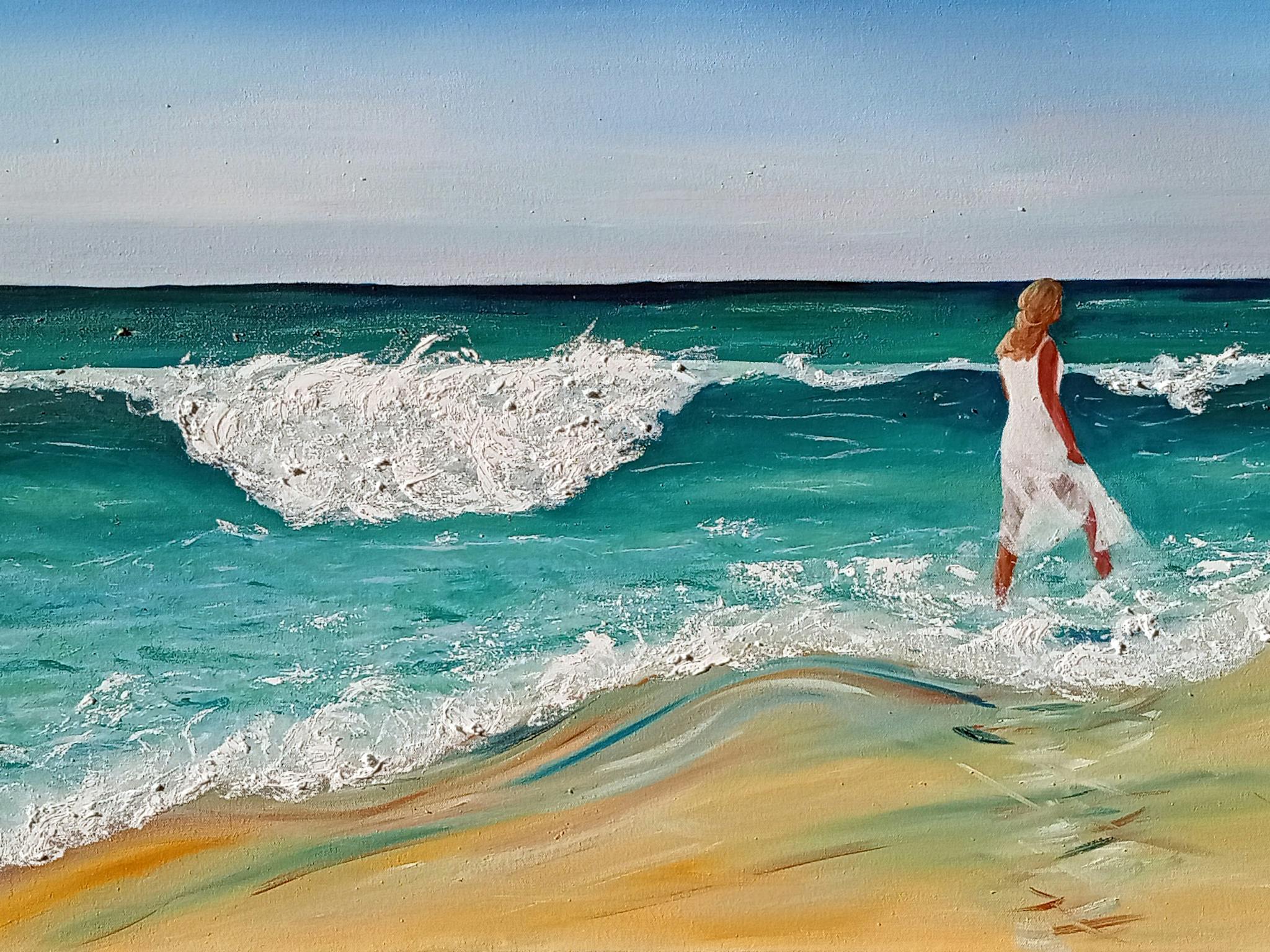 Empowered Future: Original Oil Painting by Caroline Packer Pax Lady walking on the beach.