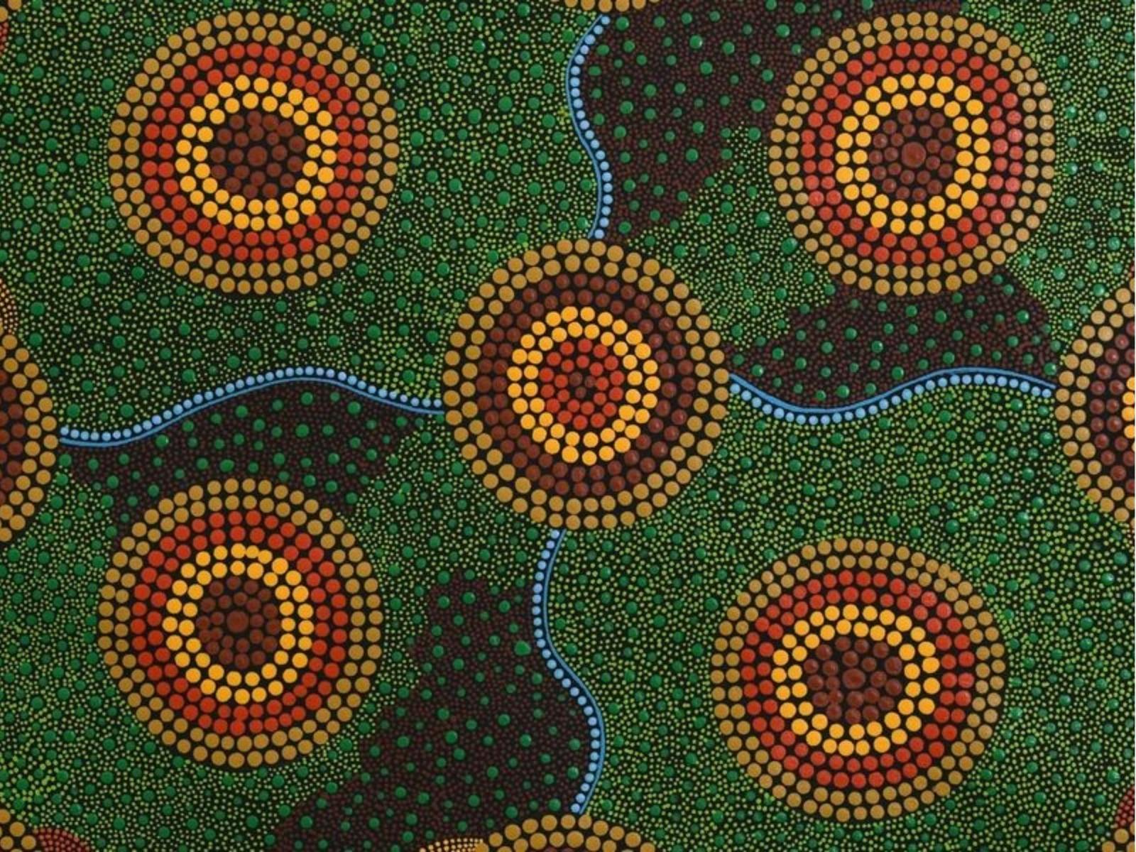 Aboriginal dot painting depicting connected circular patterns in earthy tones and blue accents.