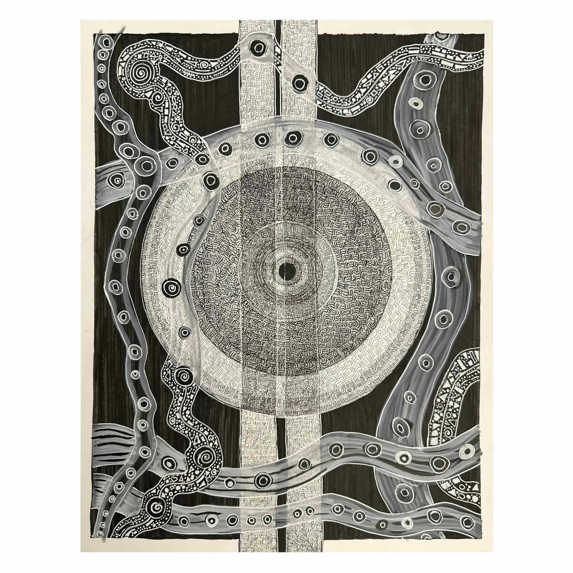 White geometric painting on a black background