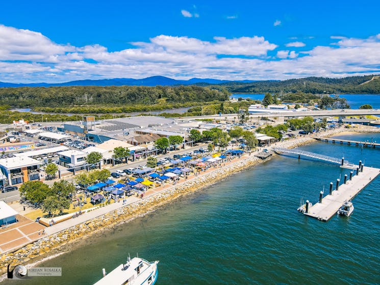 Batemans Bay Sunday Market on the foreshore along the Clyde River.