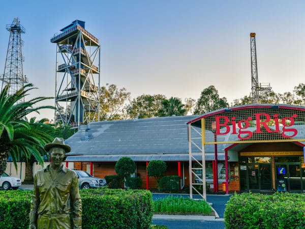 An exterior shot of the Big Rig facility, with the EMSCO Rig and Big Rig Tower in the background