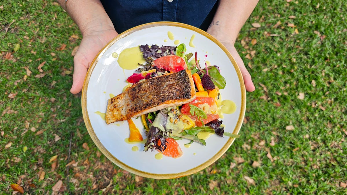 Salmon served on a fresh bed of salad.