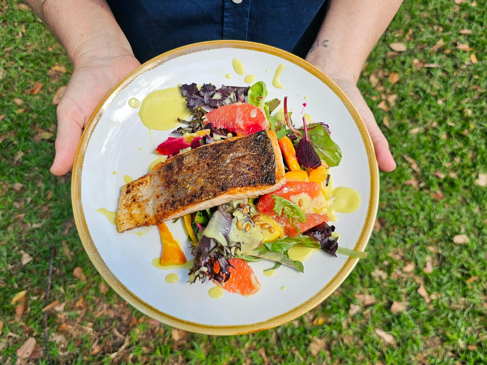 Salmon served on a fresh bed of salad. Salmon served on a fresh bed of salad.