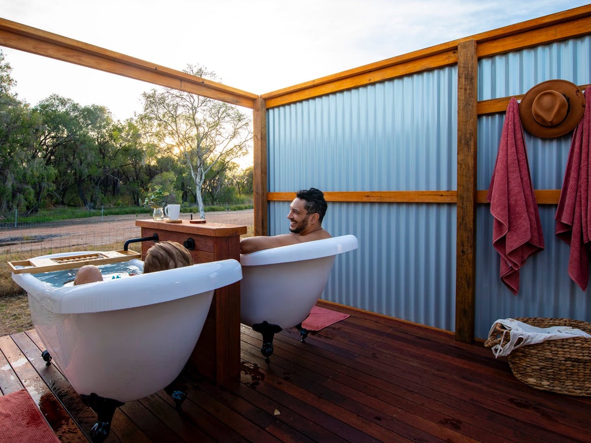 Twin clawfoot baths on Talaroo Eco Tents private bathing deck