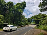 A view of a white car about to cross Cassowary Creek near the town of Mossman.