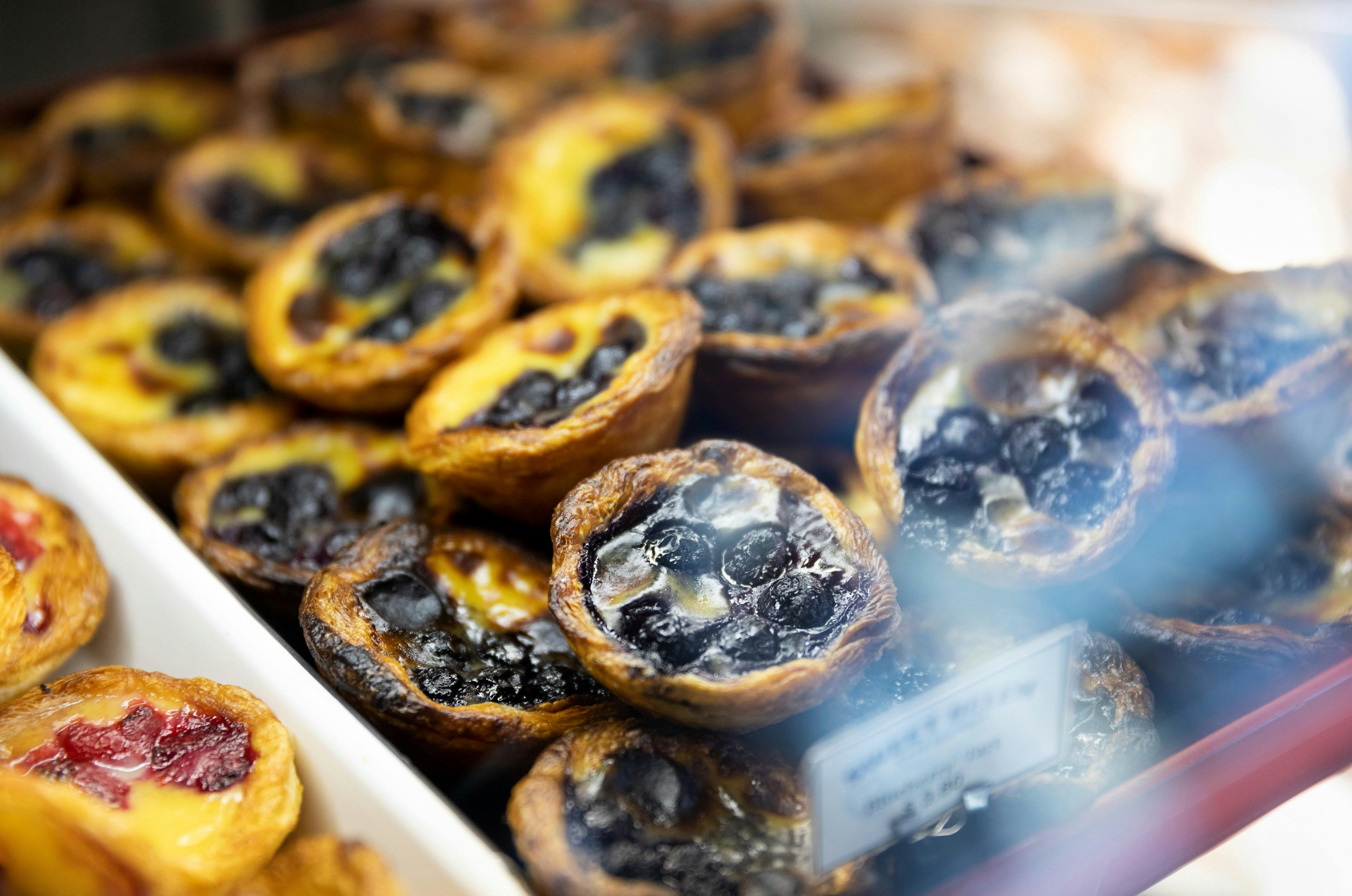 Blueberry Portuguese tarts available for purchase from Sweet Belem Cake Boutique, Petersham