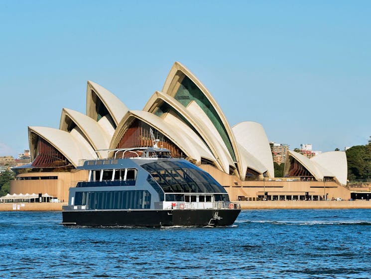 The premium glass boat, Clearview, cruising past the iconic Opera House.