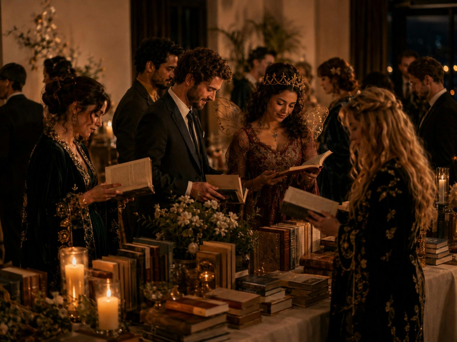 Persons in fantasy formal wear, browsing books
