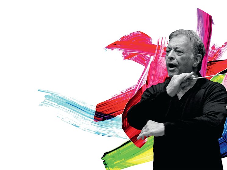 Image of Zubin Mehta conducting with brushstrokes behind him