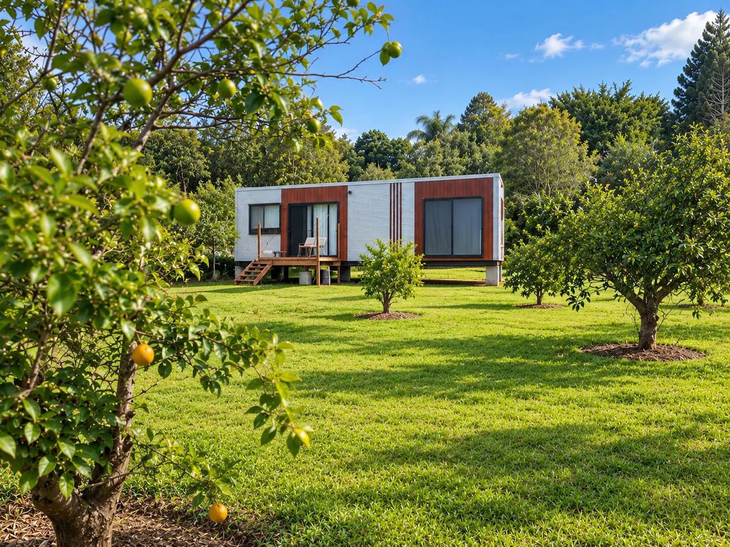 Tiny home accommodation set amongst the citrus orchard at Sublime Farm & Brewery.