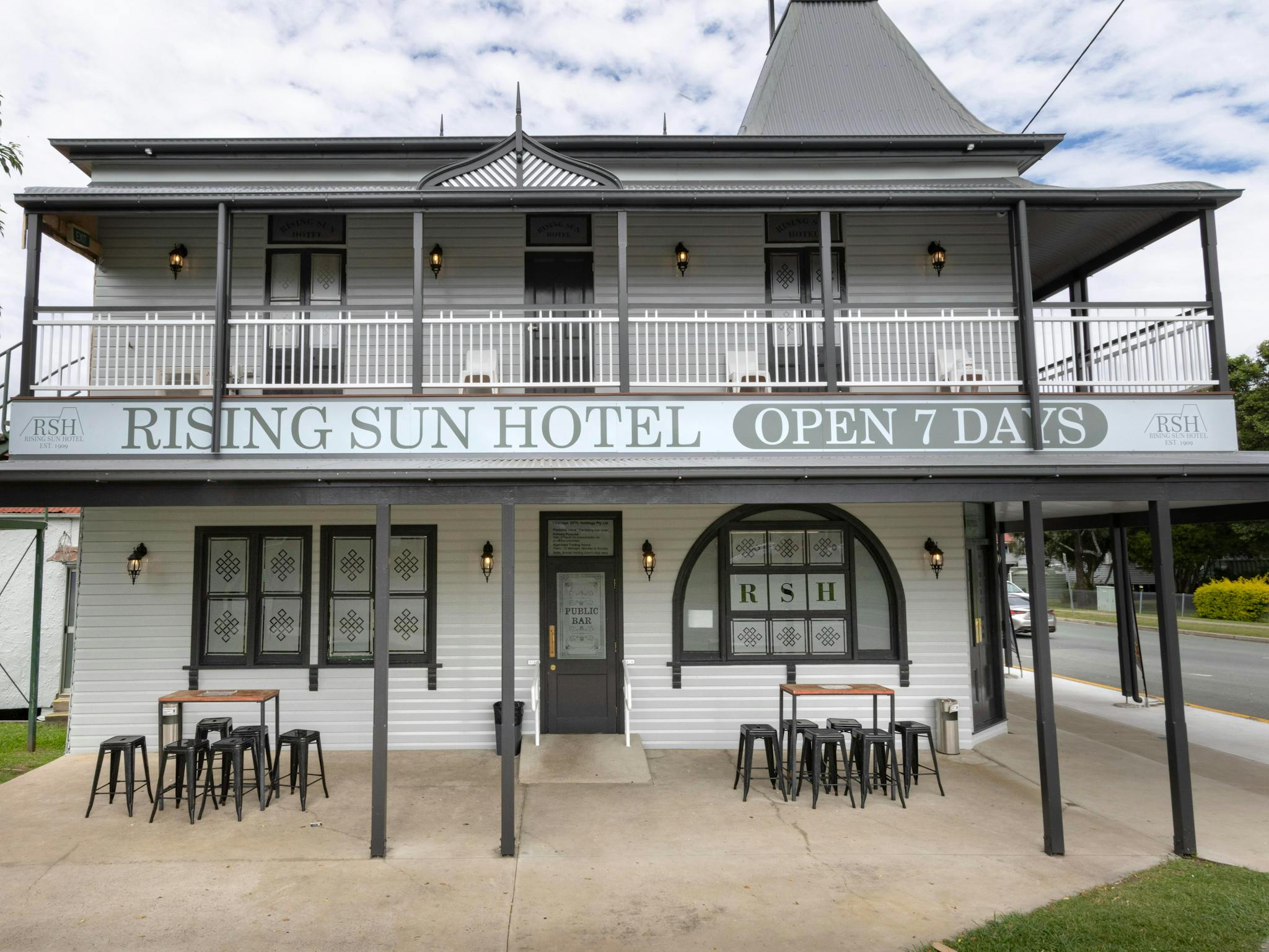The front view of the Rising Sun Hotel building. The front view of the Rising Sun Hotel building.