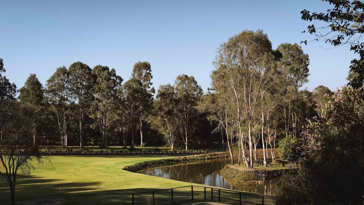 Pedicured lawns with large dam surrounded by gum trees