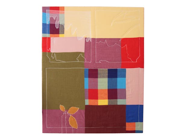 Rectangle patchwork textile artwork with blue, yellow, red and green colours as well as thread.