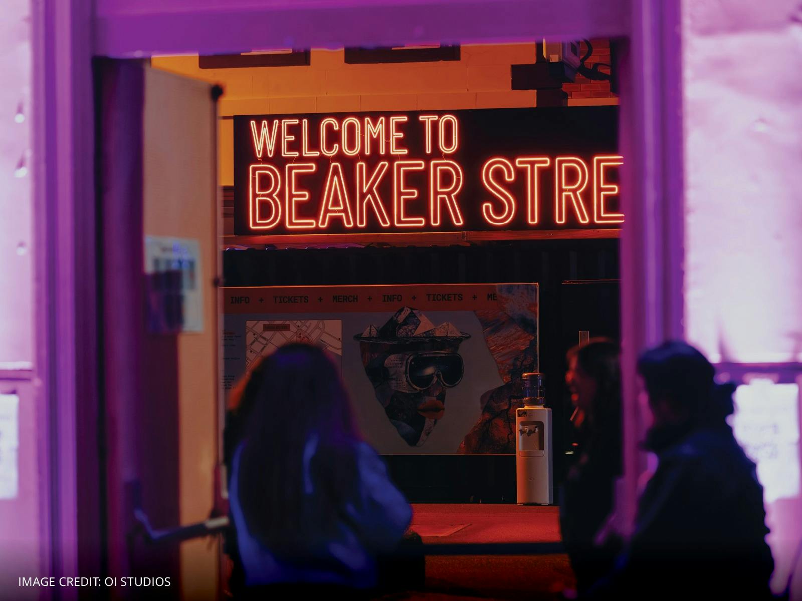 An image of a LED sign that says 'Welcome to Beaker Street'