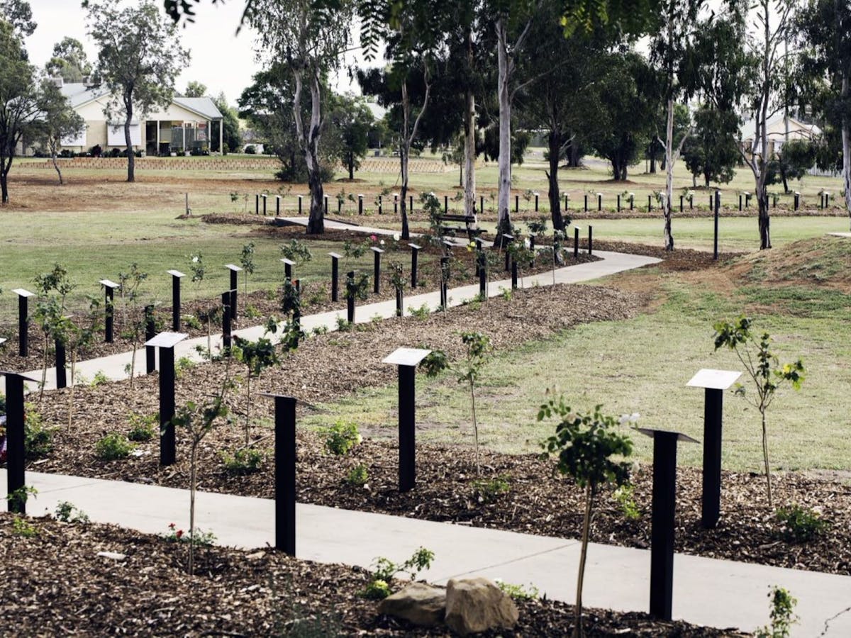 A winding path with plaques and rose bushes in memory of the early Wandoan soldier settlers.
