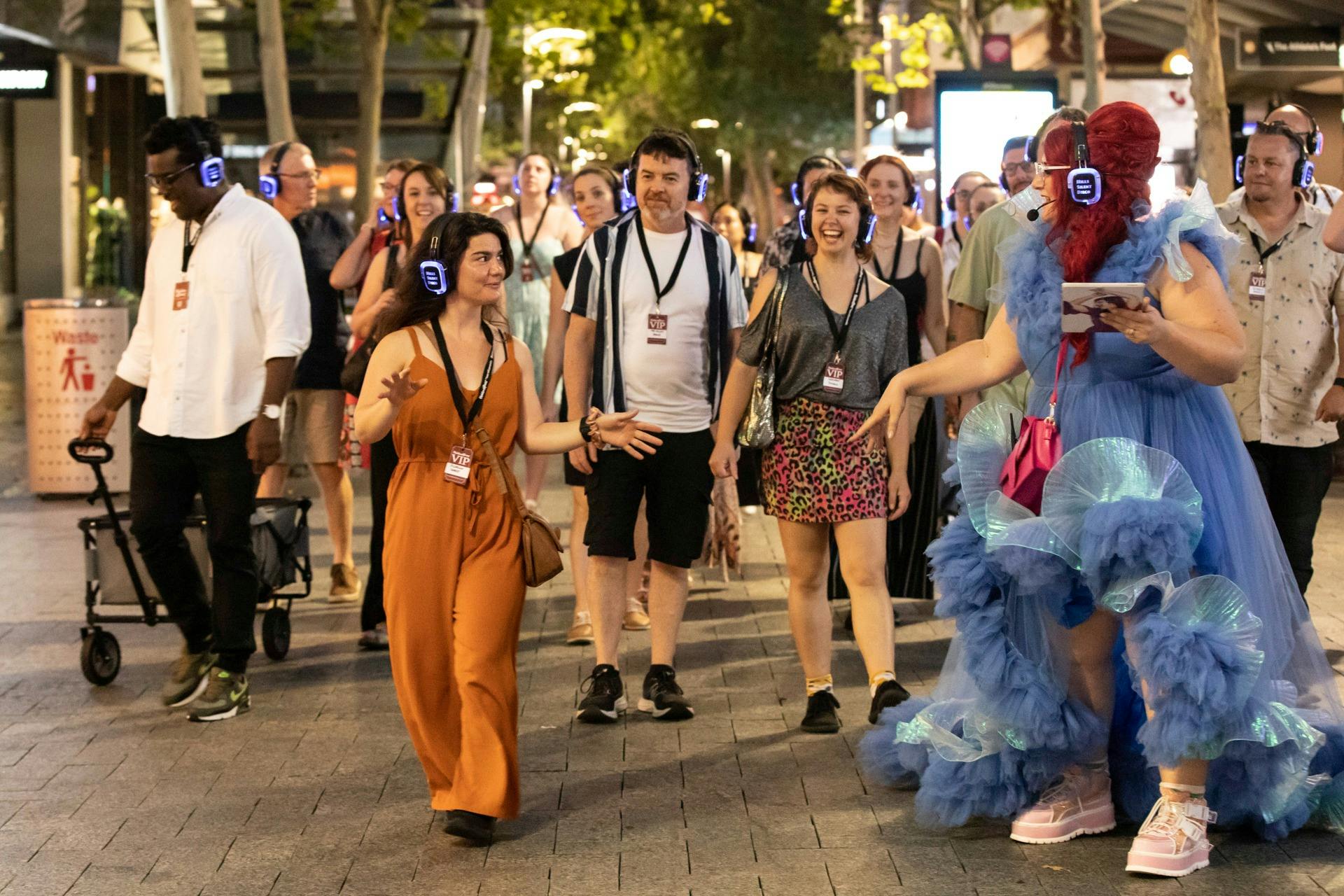 Perth Secrets Tour Group with Famous Sharron walking and talking.