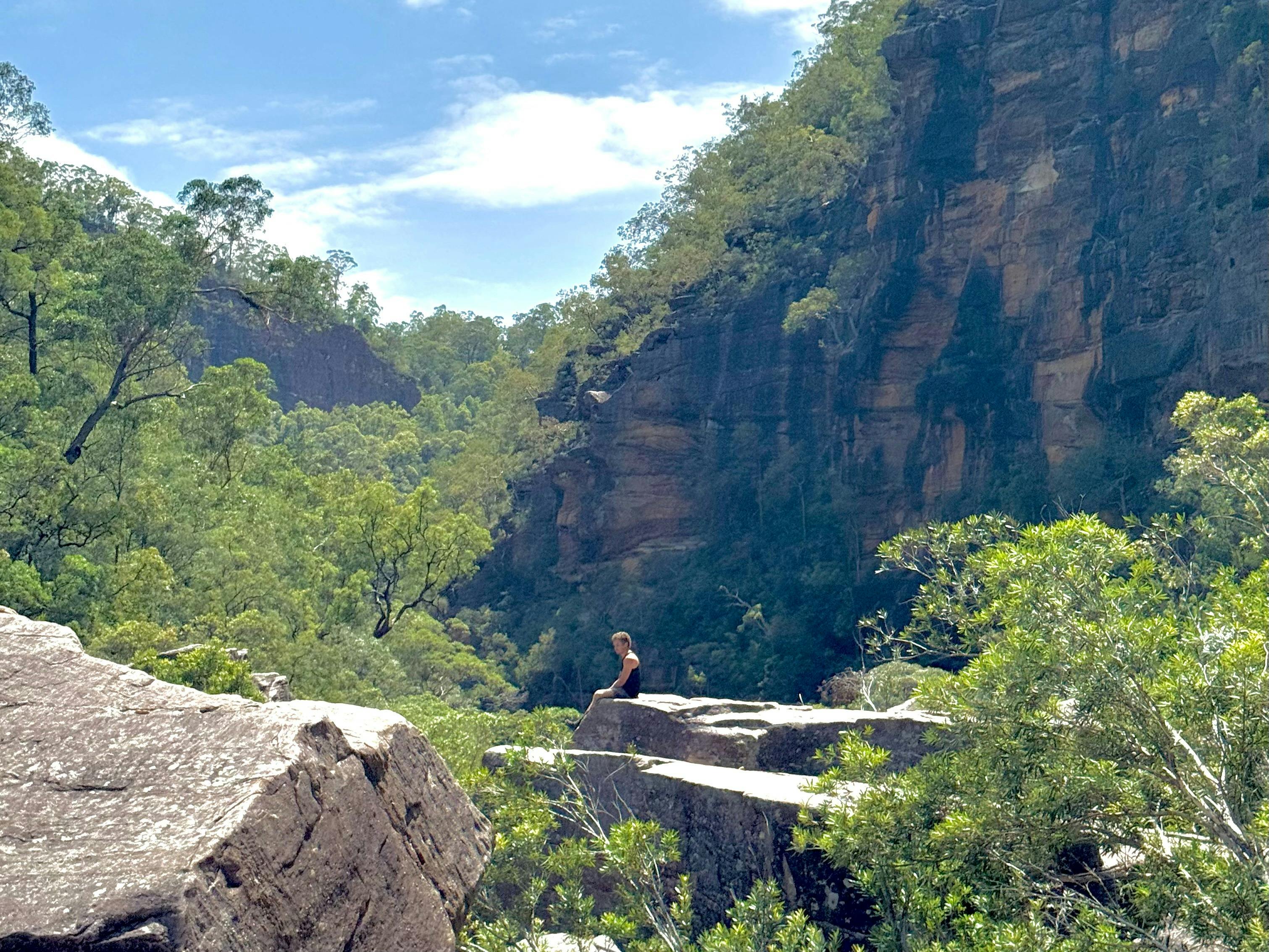 A man sits on a rock peering down into the gorge